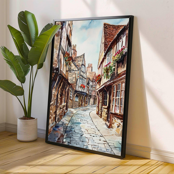 Shambles York Watercolor Painting Historic Street Art Medieval England Decor Gift for History Lovers
