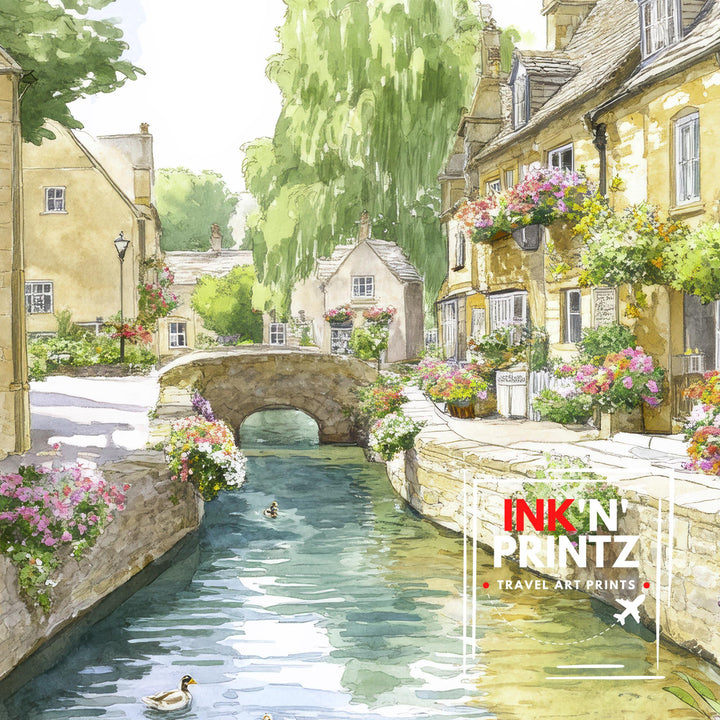 Bourton-on-the-Water Watercolor Painting Cotswold Village Art Bourton Print Scenic River Village Decor