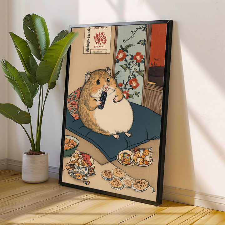 Hamster Binge Watching Poster Japanese Ukiyo-e Style Funny Animal Art Print with Snacks and Remote