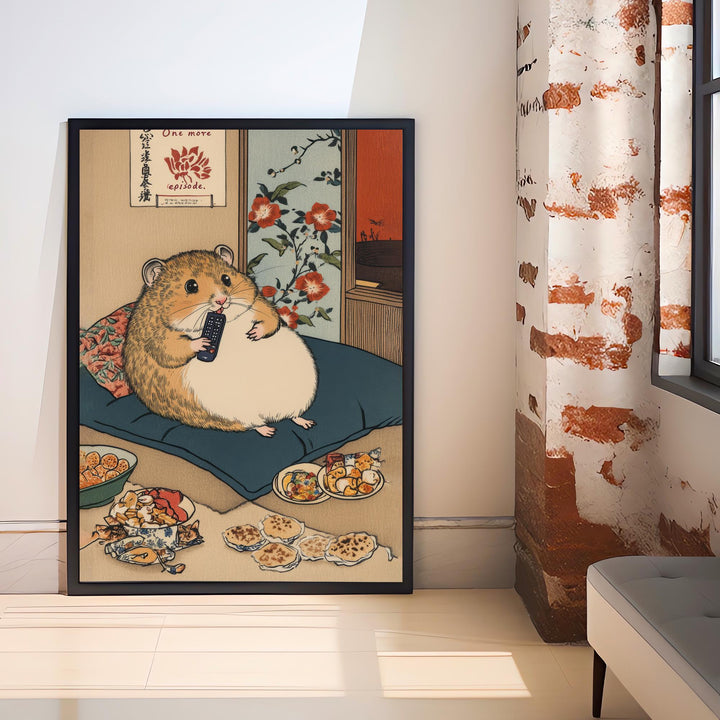Hamster Binge Watching Poster Japanese Ukiyo-e Style Funny Animal Art Print with Snacks and Remote