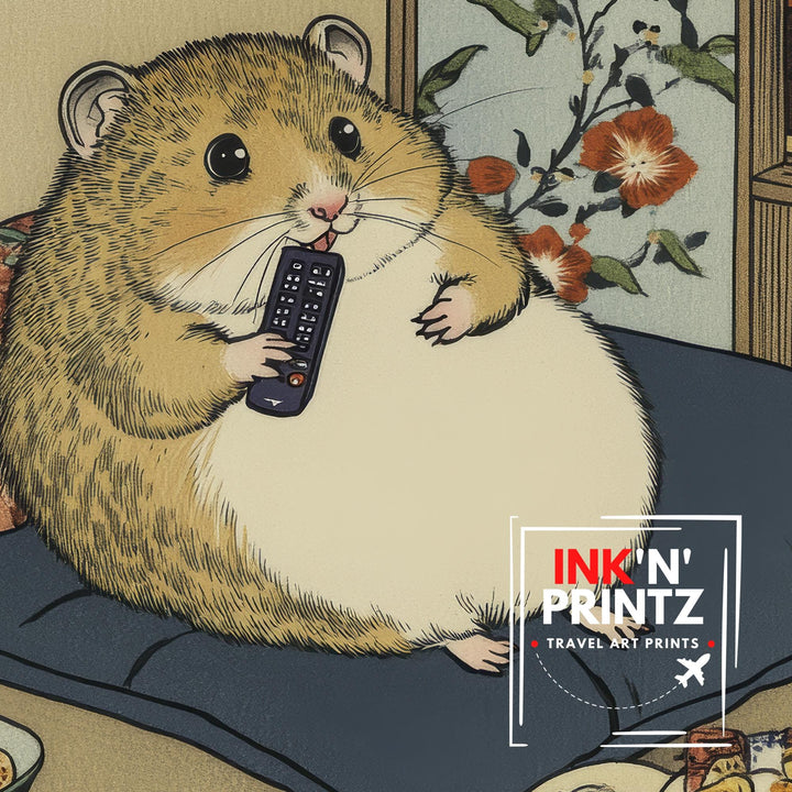 Hamster Binge Watching Poster Japanese Ukiyo-e Style Funny Animal Art Print with Snacks and Remote