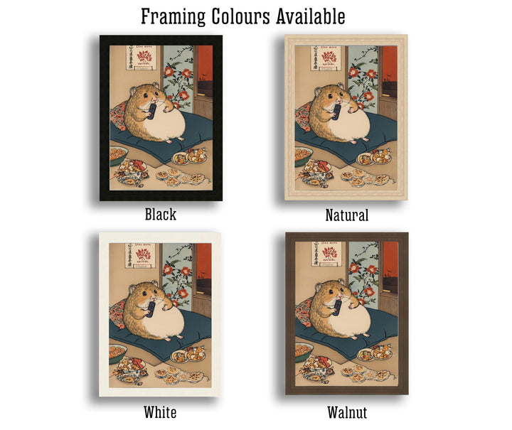 Hamster Binge Watching Poster Japanese Ukiyo-e Style Funny Animal Art Print with Snacks and Remote