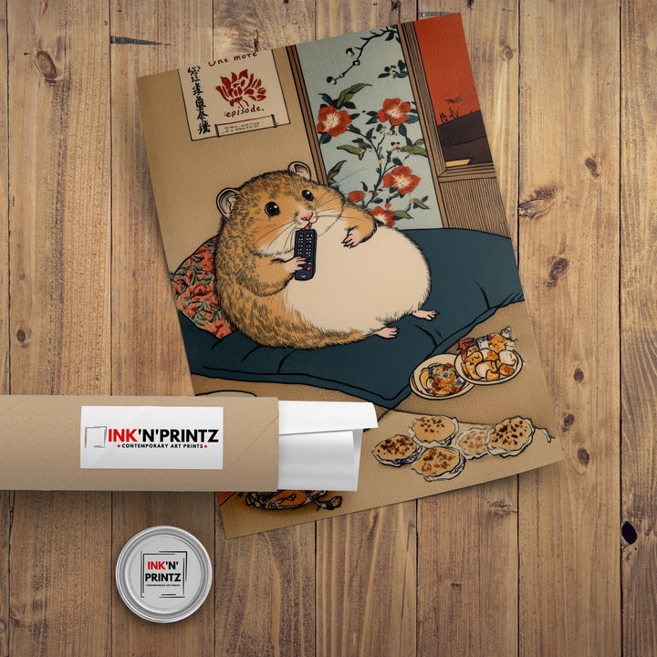 Hamster Binge Watching Poster Japanese Ukiyo-e Style Funny Animal Art Print with Snacks and Remote