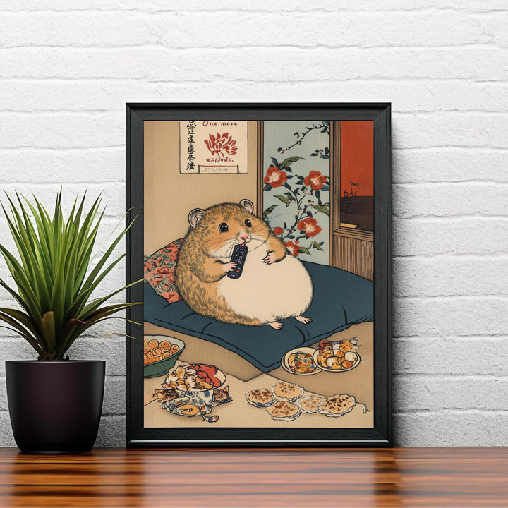 Hamster Binge Watching Poster Japanese Ukiyo-e Style Funny Animal Art Print with Snacks and Remote