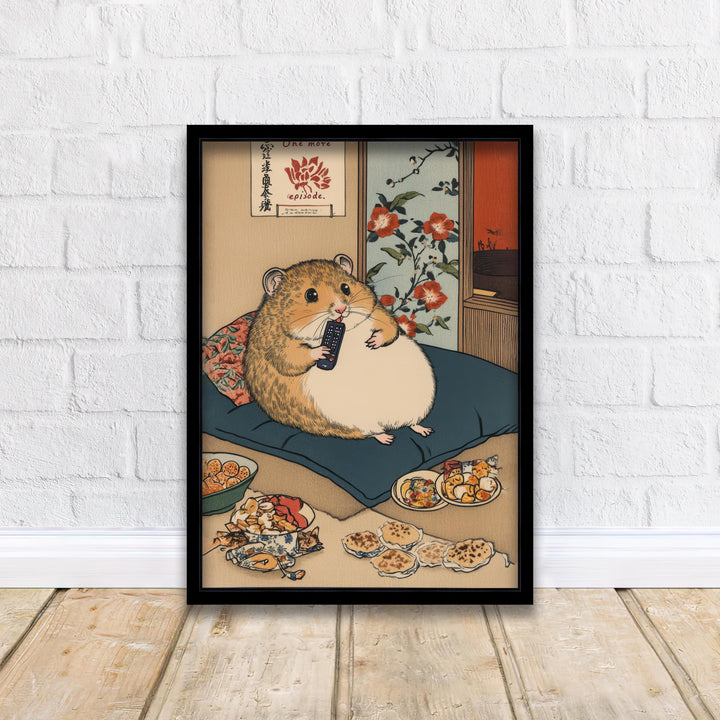 Hamster Binge Watching Poster Japanese Ukiyo-e Style Funny Animal Art Print with Snacks and Remote