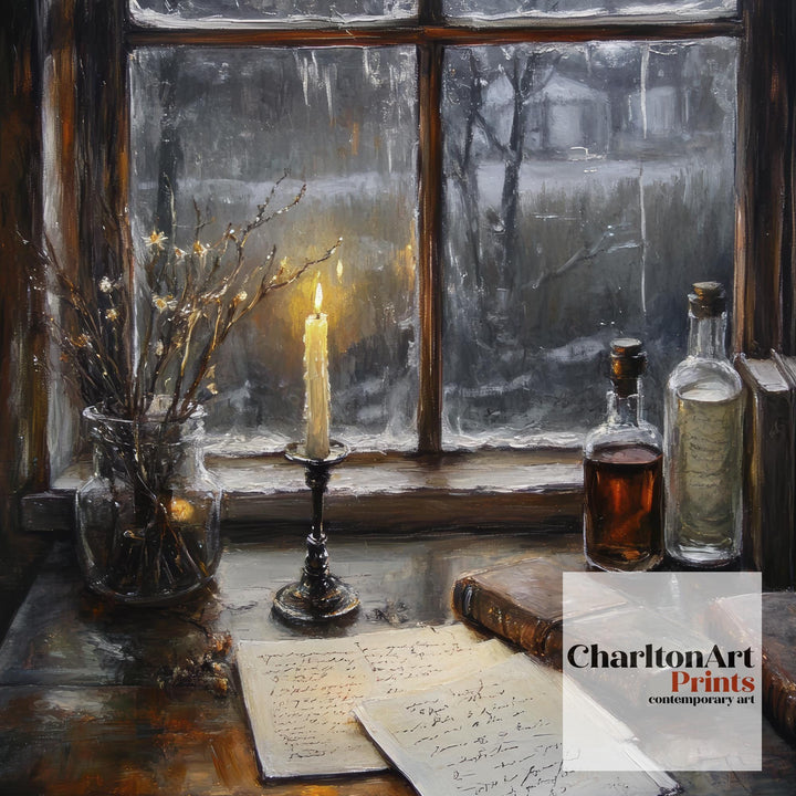 Candelit Writing Desk Poster Dark Academia Decor Vintage Illustration Rustic Wall Art Cozy Study Aesthetic