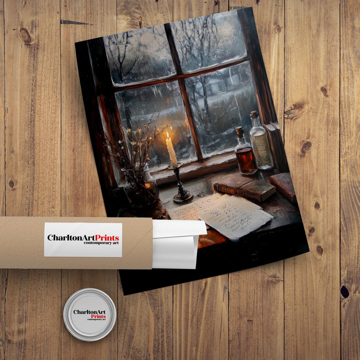 Candelit Writing Desk Poster Dark Academia Decor Vintage Illustration Rustic Wall Art Cozy Study Aesthetic