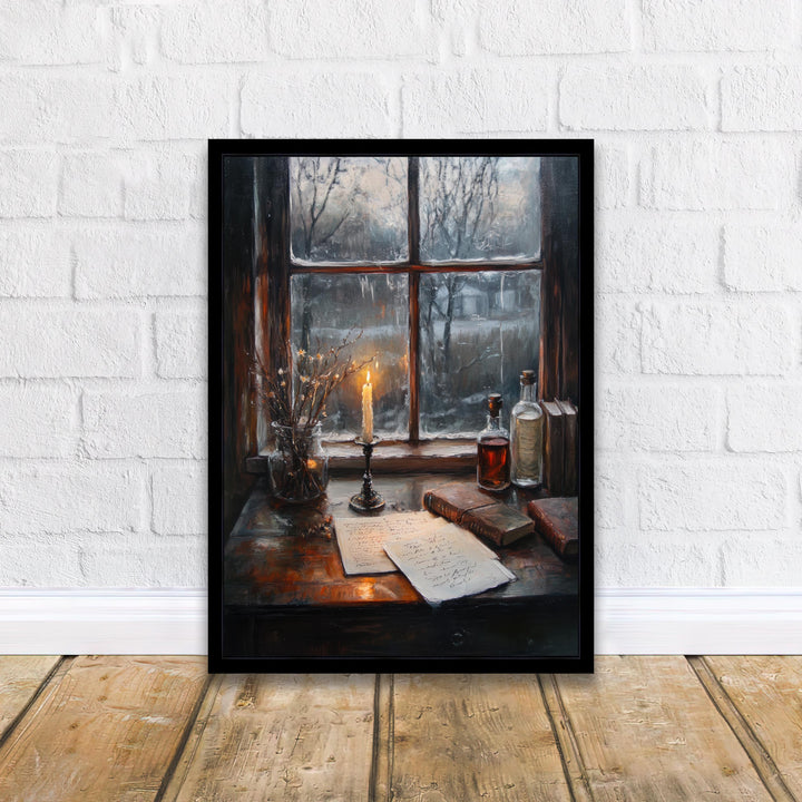 Candelit Writing Desk Poster Dark Academia Decor Vintage Illustration Rustic Wall Art Cozy Study Aesthetic