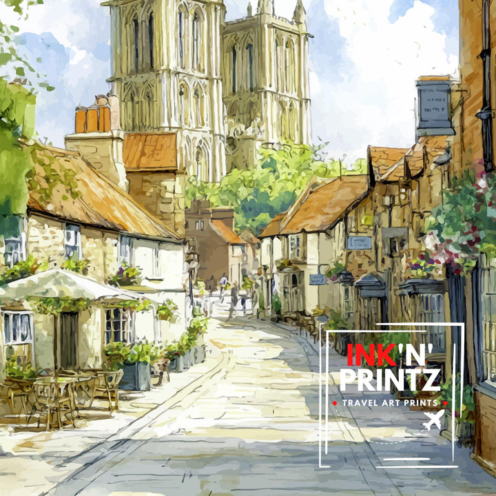Lincoln Cathedral Watercolor Art Print, UK Cityscape Painting, Steep Hill Wall Decor, Medieval History Gift