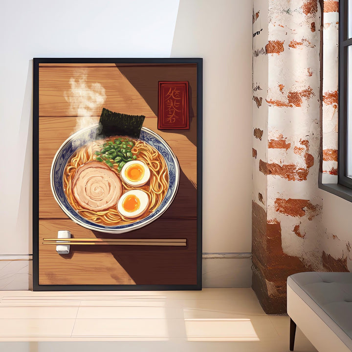 Japanese Ramen Bowl Poster Asian Food Wall Art with Egg and Pork Slice Retro Kitchen Noodle Print