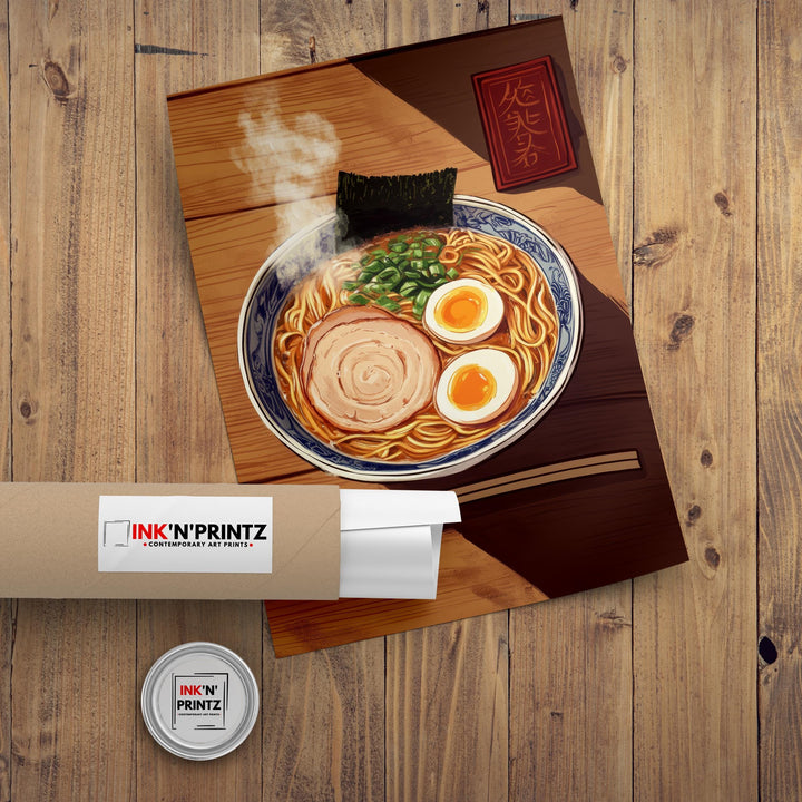 Japanese Ramen Bowl Poster Asian Food Wall Art with Egg and Pork Slice Retro Kitchen Noodle Print