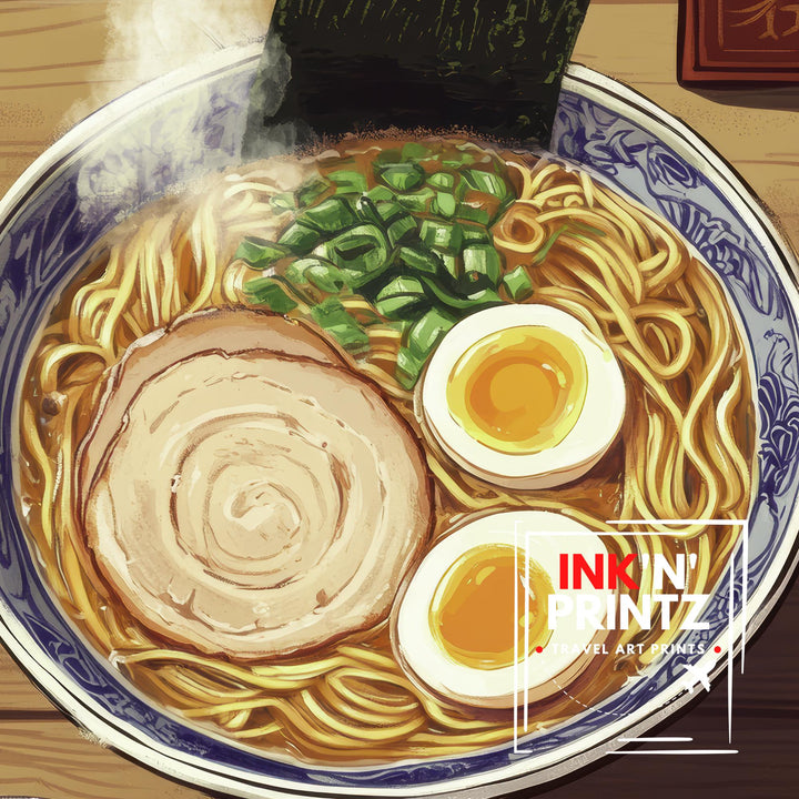 Japanese Ramen Bowl Poster Asian Food Wall Art with Egg and Pork Slice Retro Kitchen Noodle Print