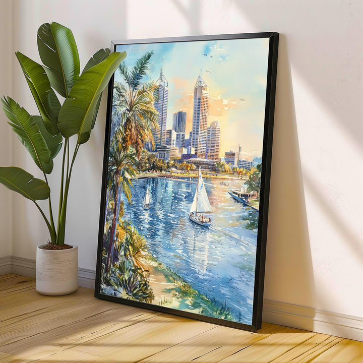 Perth Australia Watercolor Art Print, Swan River Painting, Cityscape Wall Decor, Australian Travel Gift