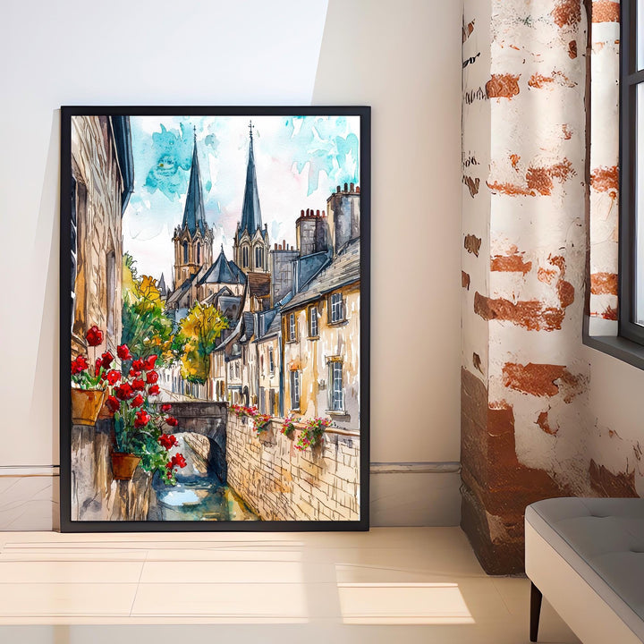 Bayeux Watercolor Painting Normandy Wall Art Historic French Town Print Cathedral Decor Travel Gift