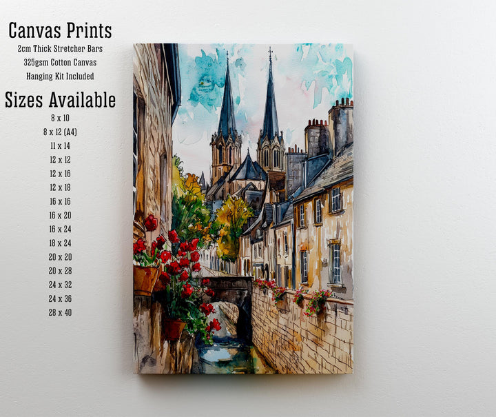 Bayeux Watercolor Painting Normandy Wall Art Historic French Town Print Cathedral Decor Travel Gift