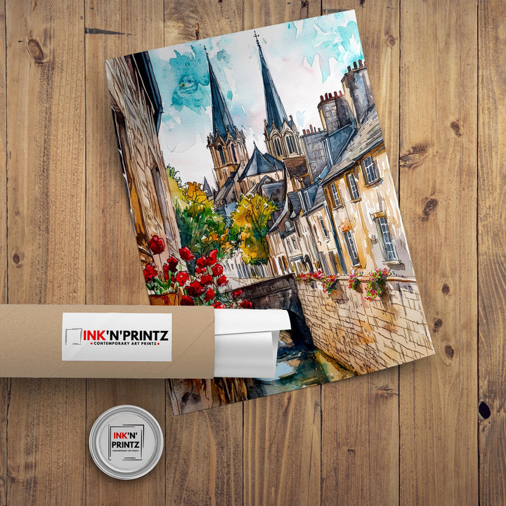 Bayeux Watercolor Painting Normandy Wall Art Historic French Town Print Cathedral Decor Travel Gift