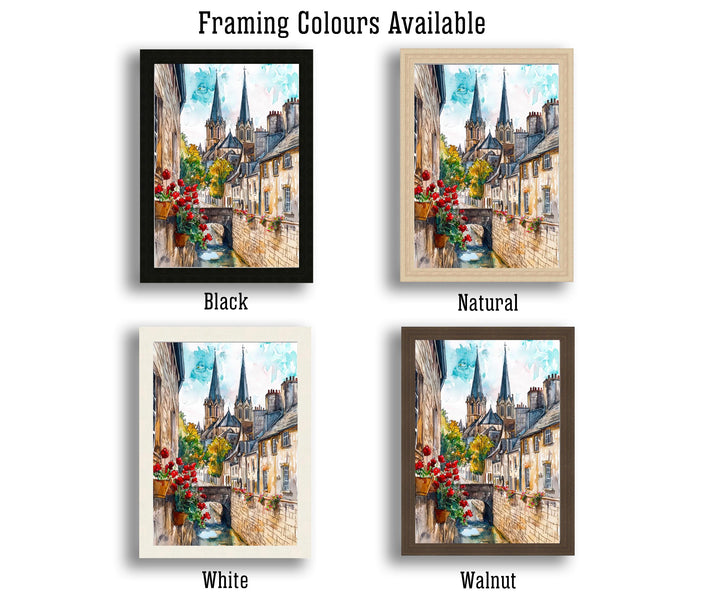 Bayeux Watercolor Painting Normandy Wall Art Historic French Town Print Cathedral Decor Travel Gift