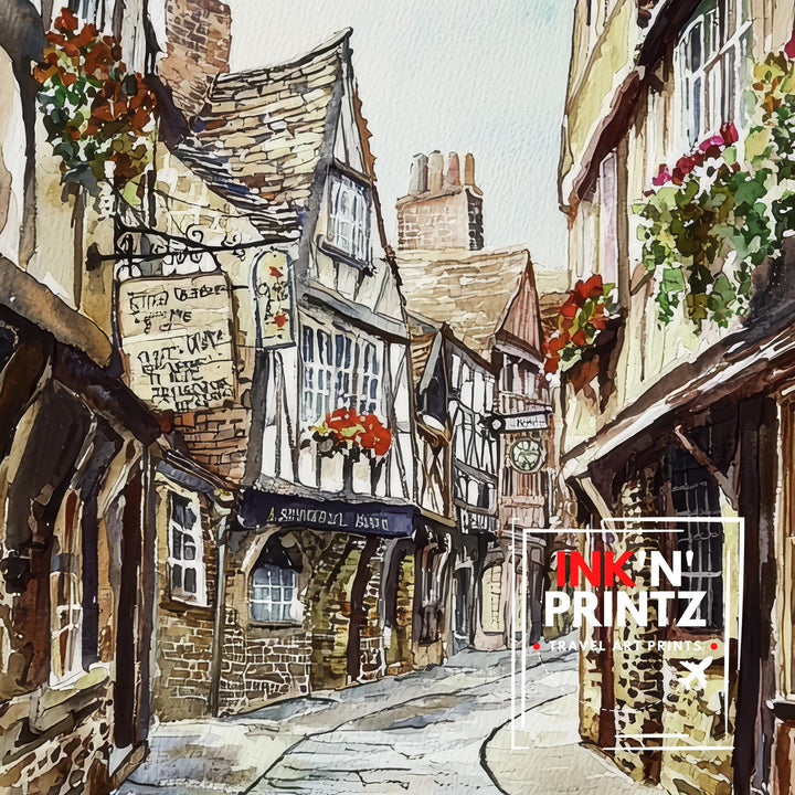 Shambles York Watercolor Painting Historic Street Art Medieval England Decor Gift for History Lovers