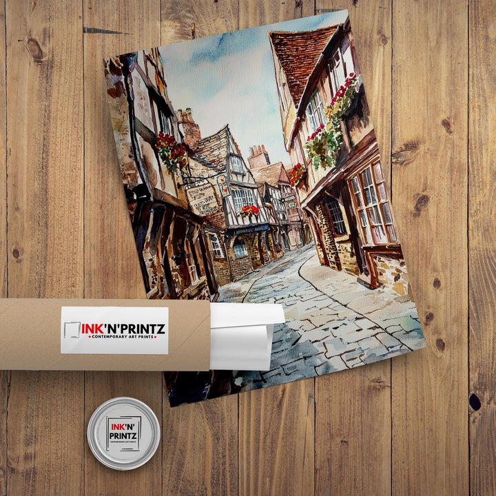 Shambles York Watercolor Painting Historic Street Art Medieval England Decor Gift for History Lovers