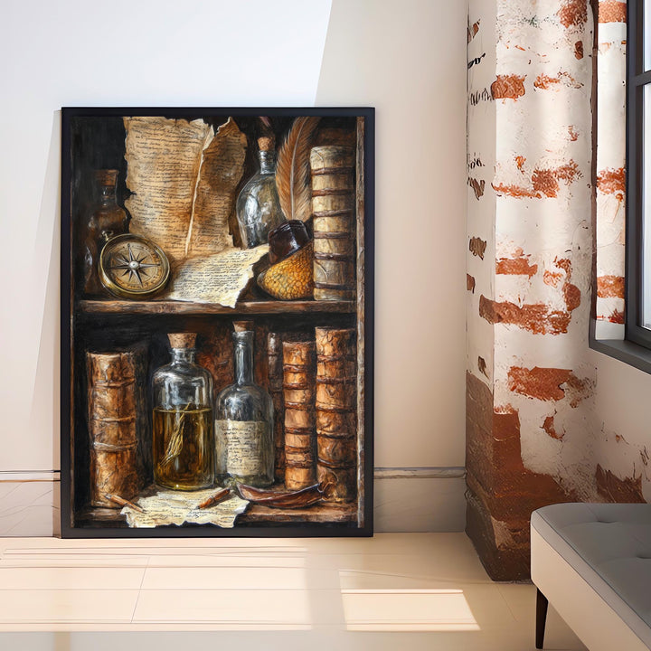 Vintage Bookshelf Still Life Poster Dark Academia Decor Rustic Library Art Old World Illustration Scholar Wall Art