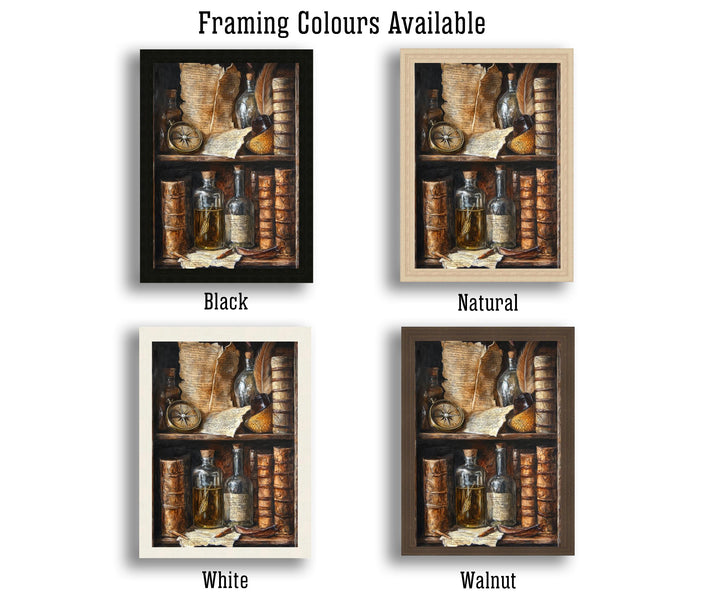 Vintage Bookshelf Still Life Poster Dark Academia Decor Rustic Library Art Old World Illustration Scholar Wall Art