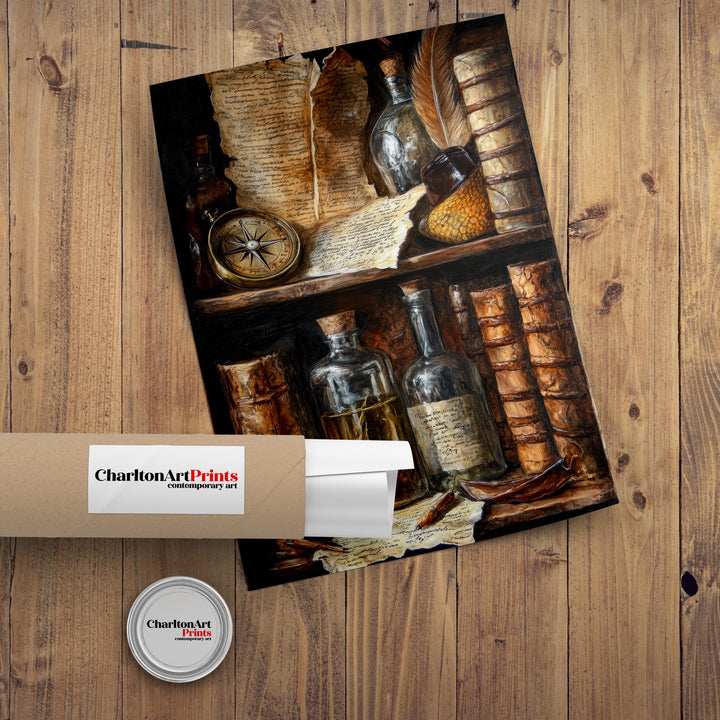 Vintage Bookshelf Still Life Poster Dark Academia Decor Rustic Library Art Old World Illustration Scholar Wall Art