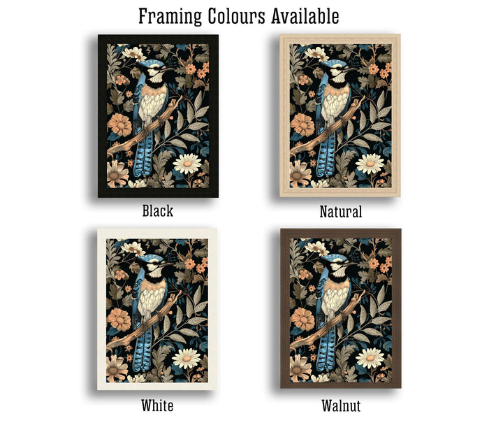 Blue Jay in a Floral Pattern Poster William Morris Style Cottagecore Art Vintage Nature Illustration Rustic Decor