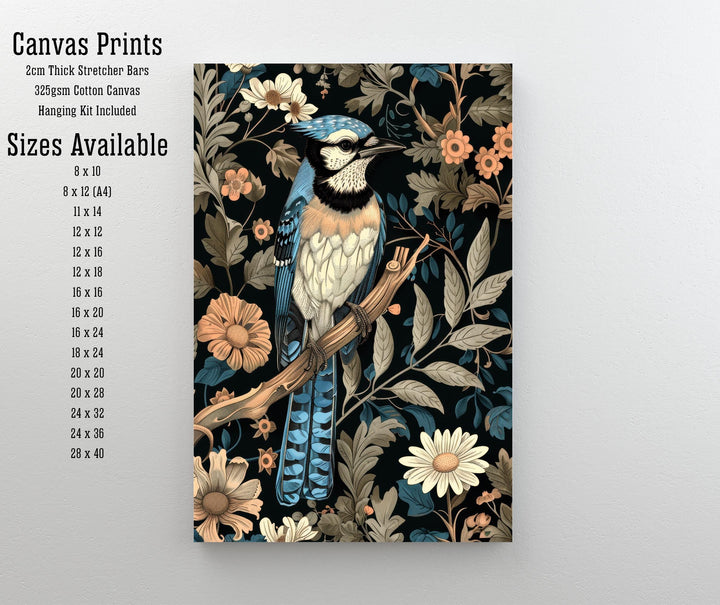 Blue Jay in a Floral Pattern Poster William Morris Style Cottagecore Art Vintage Nature Illustration Rustic Decor