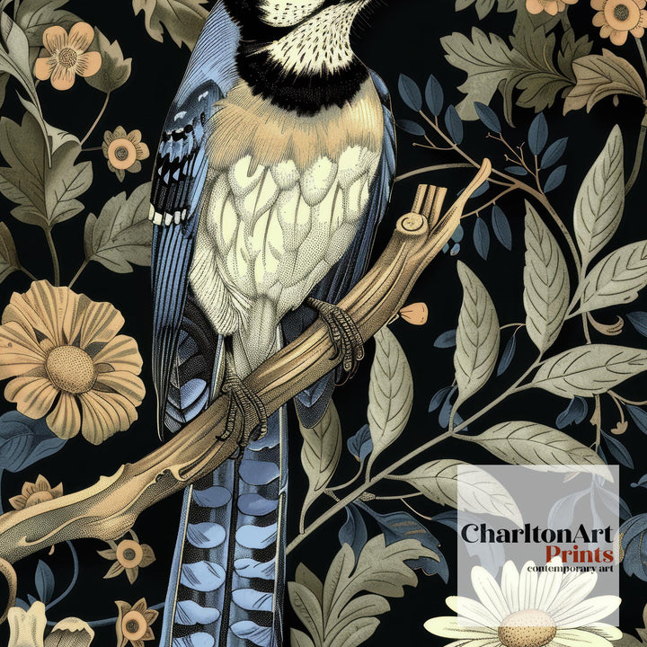 Blue Jay in a Floral Pattern Poster William Morris Style Cottagecore Art Vintage Nature Illustration Rustic Decor