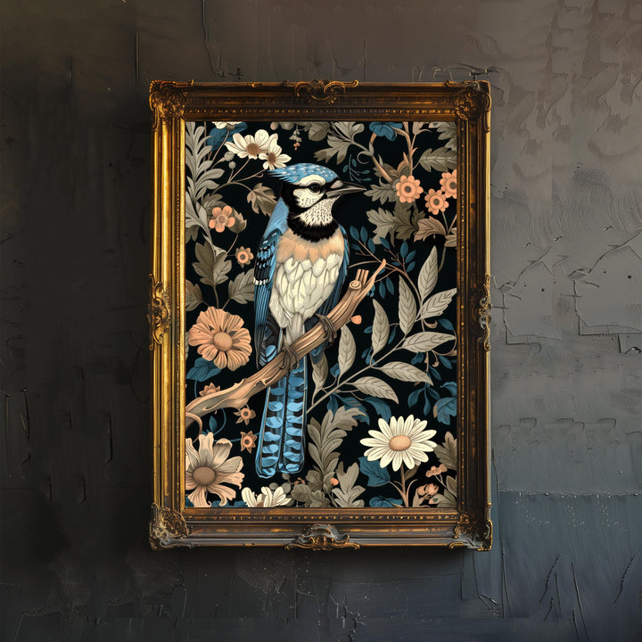 Blue Jay in a Floral Pattern Poster William Morris Style Cottagecore Art Vintage Nature Illustration Rustic Decor