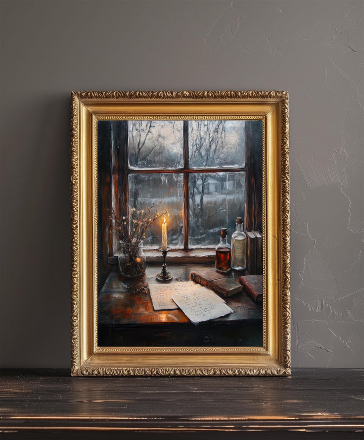 Candelit Writing Desk Poster Dark Academia Decor Vintage Illustration Rustic Wall Art Cozy Study Aesthetic