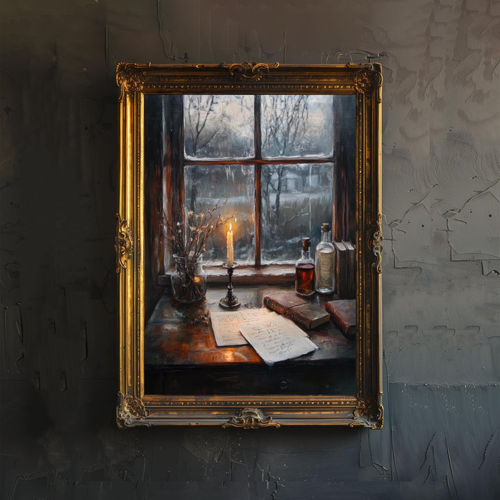 Candelit Writing Desk Poster Dark Academia Decor Vintage Illustration Rustic Wall Art Cozy Study Aesthetic