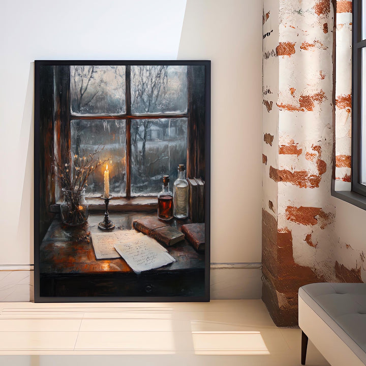 Candelit Writing Desk Poster Dark Academia Decor Vintage Illustration Rustic Wall Art Cozy Study Aesthetic