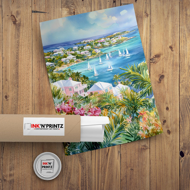 Bermuda Watercolor Art Print, Pink Sand Beach Painting, Tropical Island Wall Decor, Travel Gift