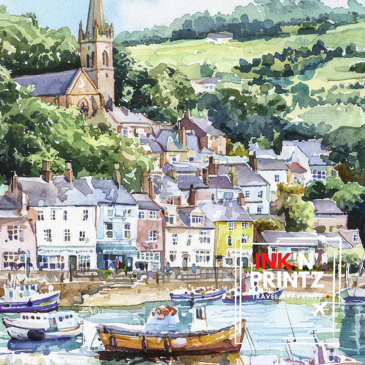 Fowey Cornwall Watercolor Art Print, UK Coastal Painting, English Harbour Wall Decor, Seaside Travel Gift
