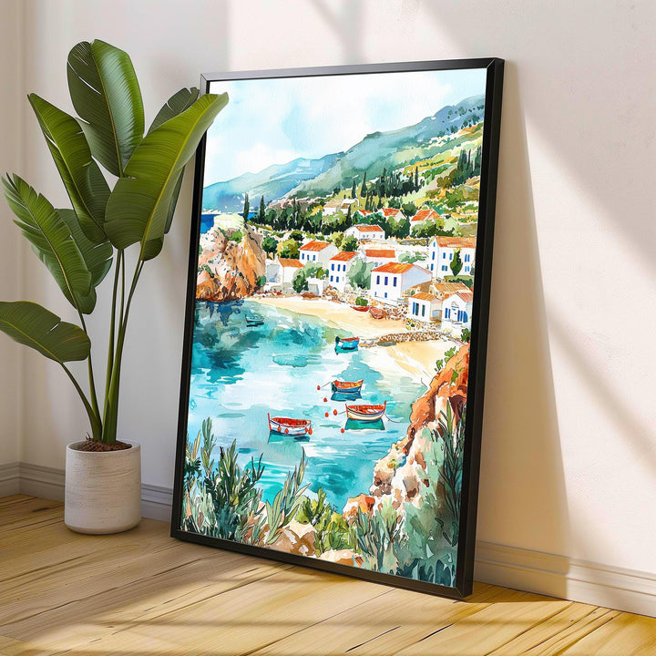 Kefalonia Watercolor Art Print, Myrtos Beach Painting, Greek Island Wall Decor, Ionian Sea Travel Gift