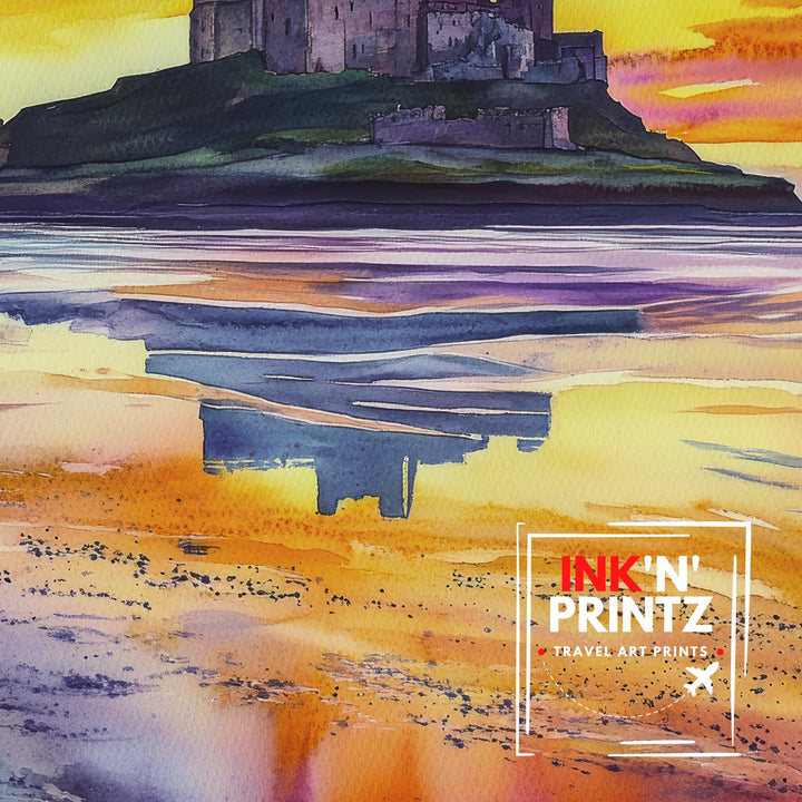 Bamburgh Castle Travel Poster Print Northumberland England Wall Art Coastal Fortress Decor Gift for UK History Lovers and Fans of Scenic