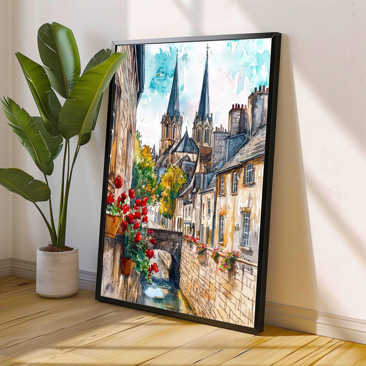 Bayeux Watercolor Painting Normandy Wall Art Historic French Town Print Cathedral Decor Travel Gift