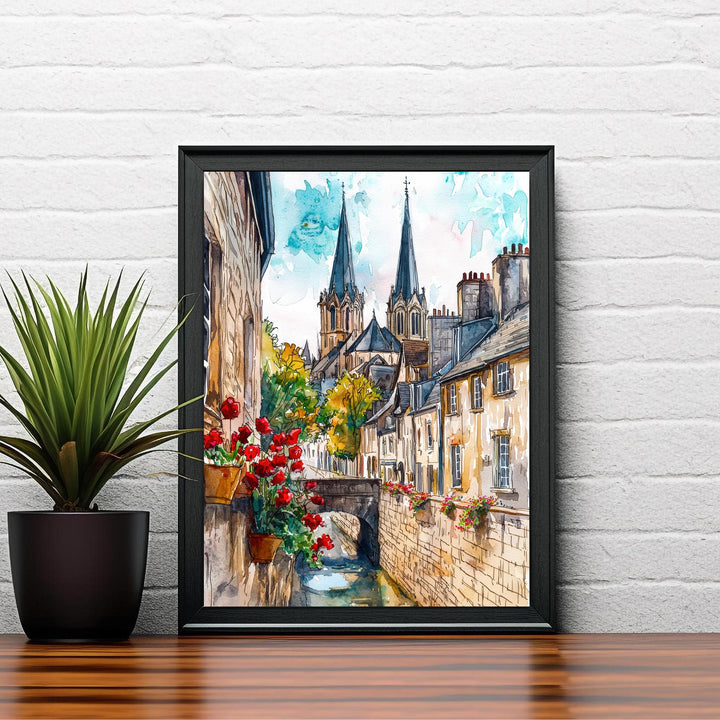 Bayeux Watercolor Painting Normandy Wall Art Historic French Town Print Cathedral Decor Travel Gift
