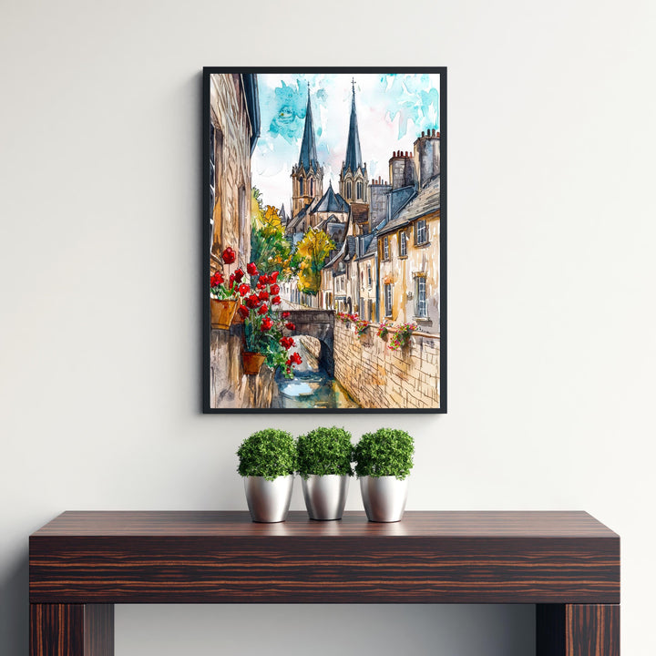 Bayeux Watercolor Painting Normandy Wall Art Historic French Town Print Cathedral Decor Travel Gift