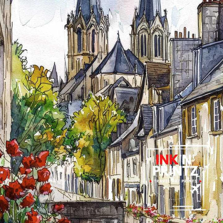 Bayeux Watercolor Painting Normandy Wall Art Historic French Town Print Cathedral Decor Travel Gift