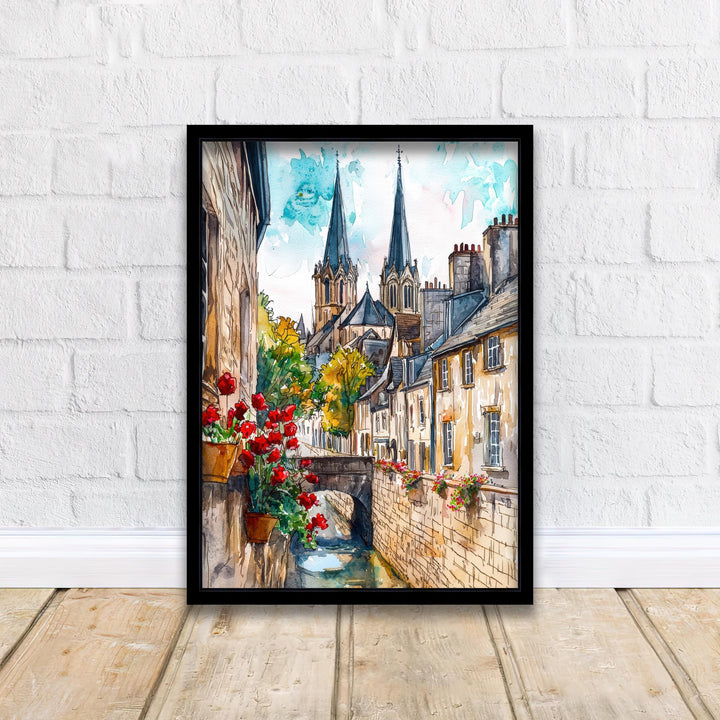 Bayeux Watercolor Painting Normandy Wall Art Historic French Town Print Cathedral Decor Travel Gift