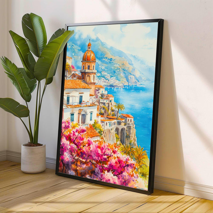 Amalfi Coast Watercolour Painting Poster Italy Wall Art Mediterranean Coastal Print Gift for Europe Lovers and Fans of Scenic Italian