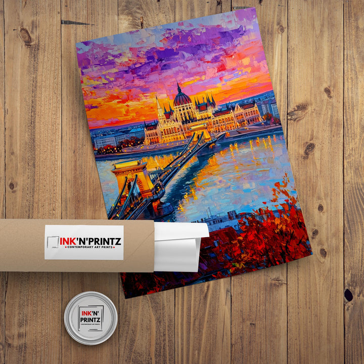 Budapest Oil Painting Poster Hungary Wall Art Danube River City Print Parliament Building Skyline Decor Gift for Europe Lovers and Fans