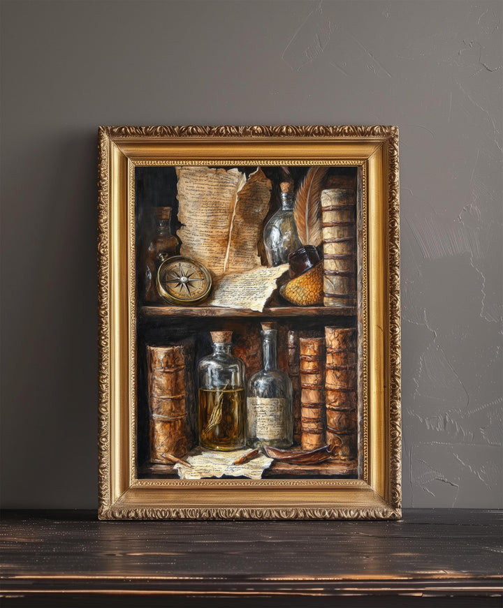 Vintage Bookshelf Still Life Poster Dark Academia Decor Rustic Library Art Old World Illustration Scholar Wall Art
