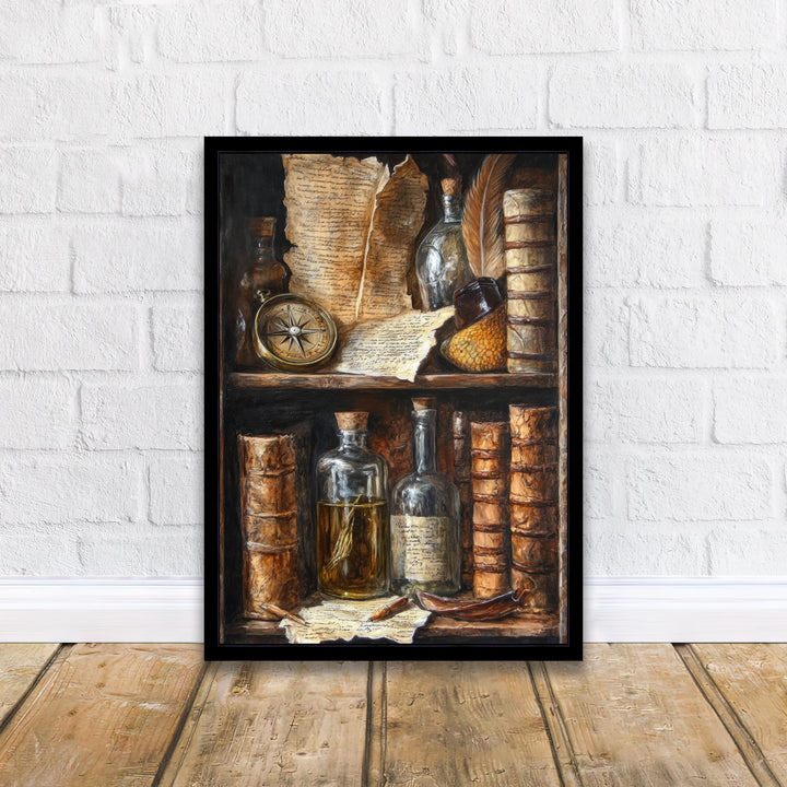 Vintage Bookshelf Still Life Poster Dark Academia Decor Rustic Library Art Old World Illustration Scholar Wall Art