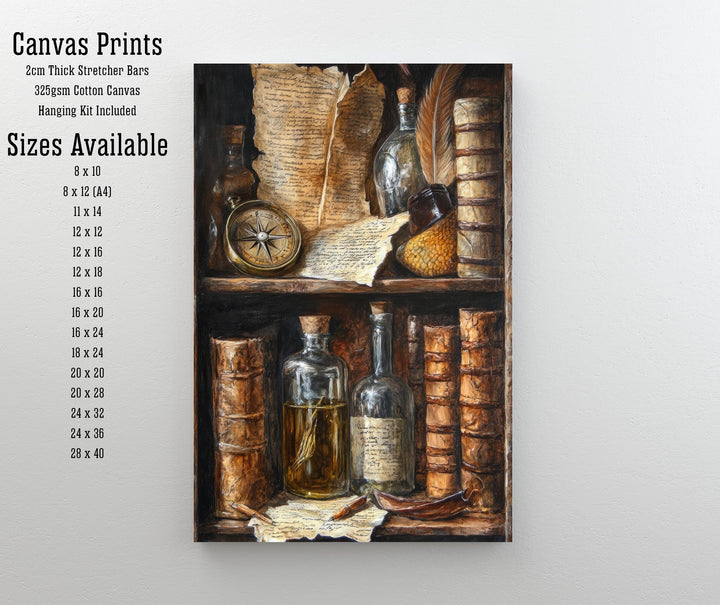 Vintage Bookshelf Still Life Poster Dark Academia Decor Rustic Library Art Old World Illustration Scholar Wall Art