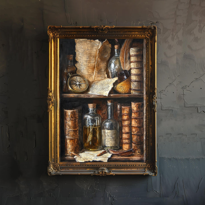 Vintage Bookshelf Still Life Poster Dark Academia Decor Rustic Library Art Old World Illustration Scholar Wall Art