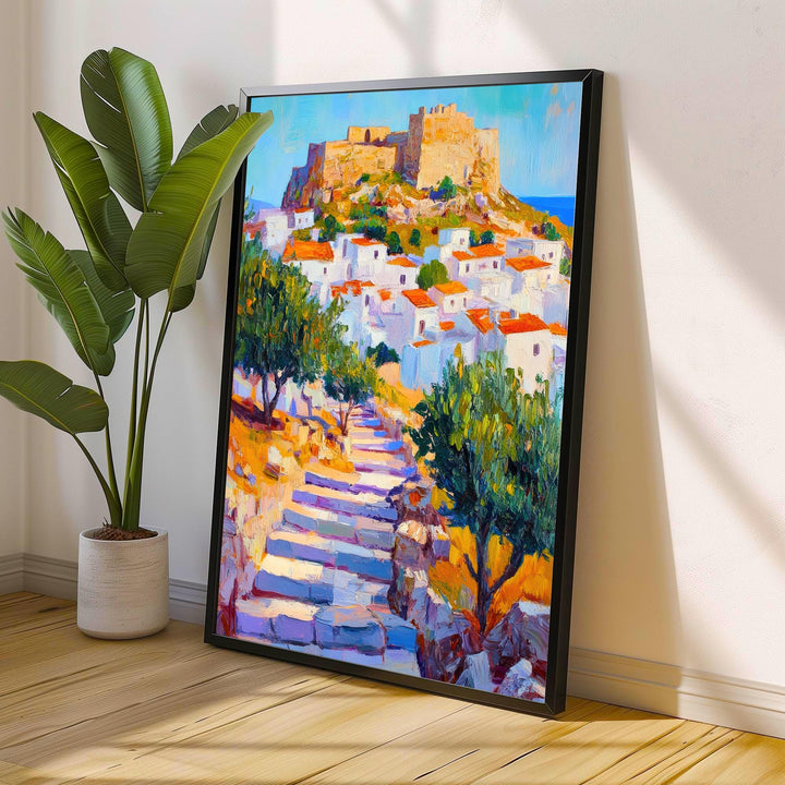 Lindos Rhodes Oil Painting Poster Greece Wall Art Coastal Village Landscape Print Gift for Europe Travel Lovers and Fans of Scenic Greek