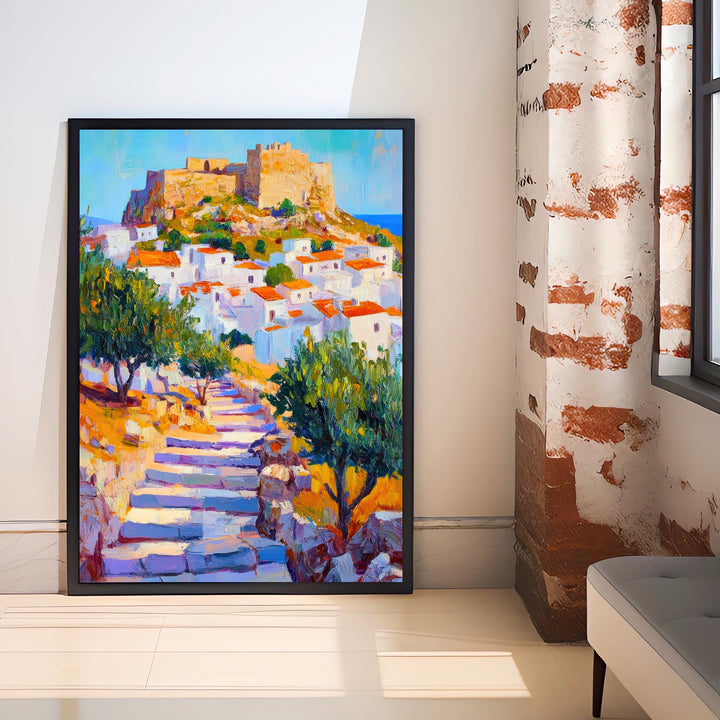 Lindos Rhodes Oil Painting Poster Greece Wall Art Coastal Village Landscape Print Gift for Europe Travel Lovers and Fans of Scenic Greek